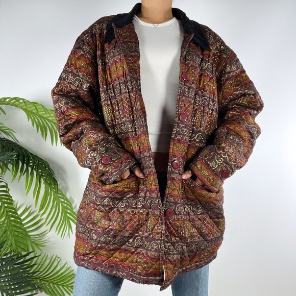 Vintage 90s Brown Silk Abstract Fairy Grunge Boho Quilted Oversized Jacket / L - Picture 2 of 7
